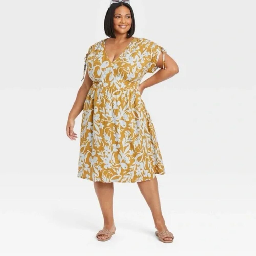 Ava & Viv Short Sleeve Tied Cotton Dress Floral Gold 2X